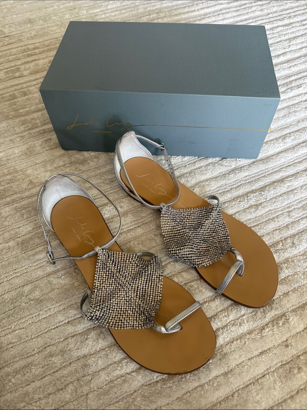 Metallic Silver Crystal Mesh Toe-Ring Sandals